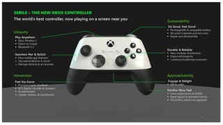 A slide of a leaked MIcrosoft presentation about the company's plans for a mid-generation Xbox Series X refresh, showing a new controller with the project title "Sebile".