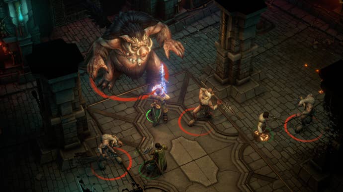 Warriors battle a giant pig monster in Pathfinder: Wrath Of The Righteous