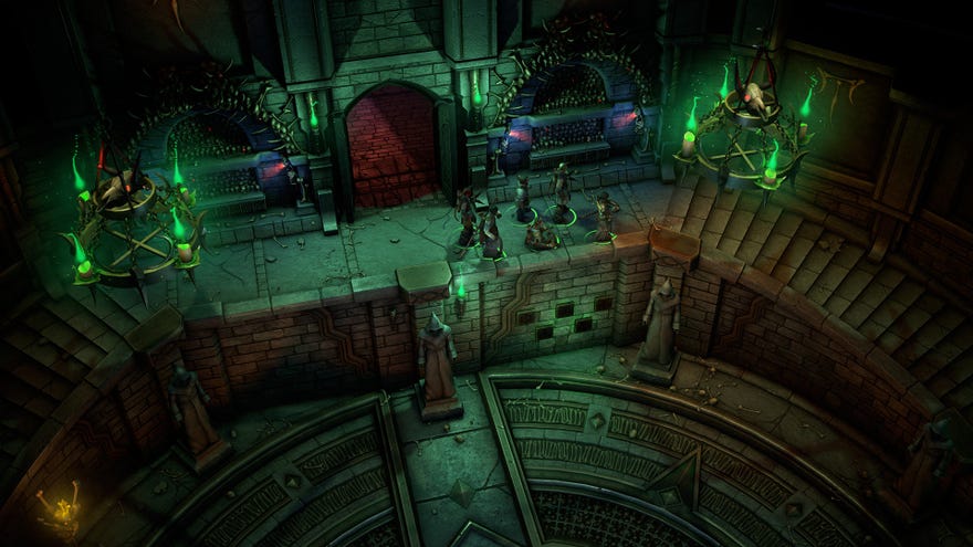 Six adventurers wander a dark dungeon from a topdown perspective in Pathfinder