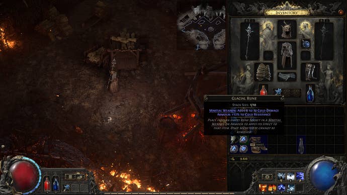 A Path of Exile 2 screenshot showing a Glacial Rune, one of the items players can equip to an armor