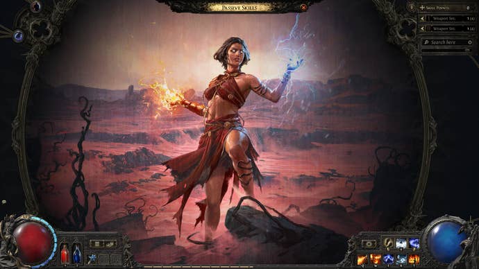 A Path of Exile 2 screenshot showing the skill tree illustration of a Sorceress