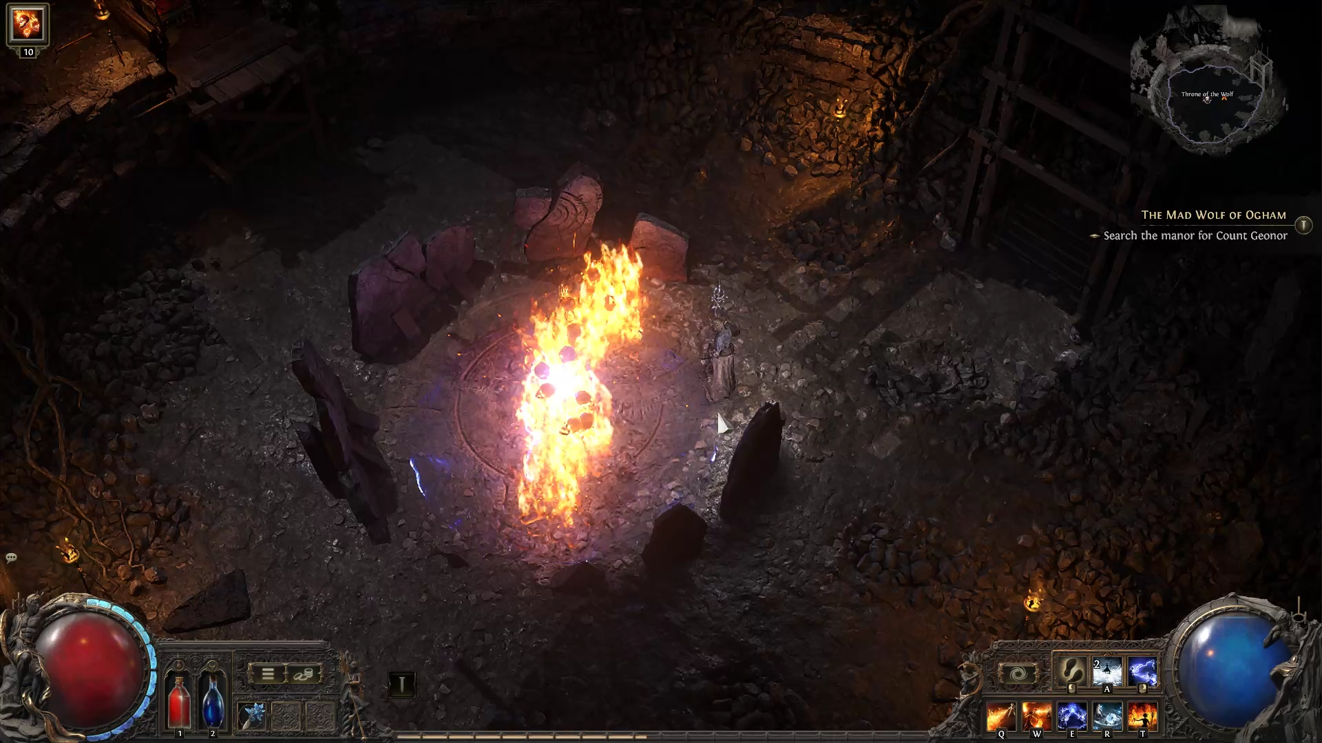 A Path of Exile 2 screenshot showing a Sorceress character placing Flame Walls on a boss arena