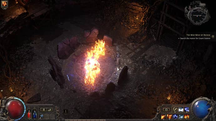 A Path of Exile 2 screenshot showing a Sorceress character placing Flame Walls on a boss arena
