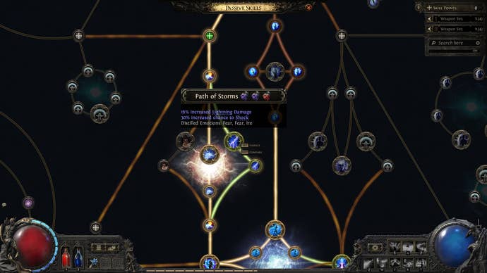 A Path of Exile 2 screenshot showing some of the passive skills for the Sorceress