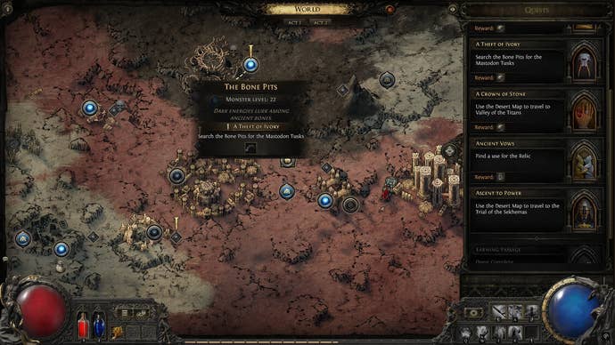 A Path of Exile 2 screenshot showing the location of the Bone Pits area on the map