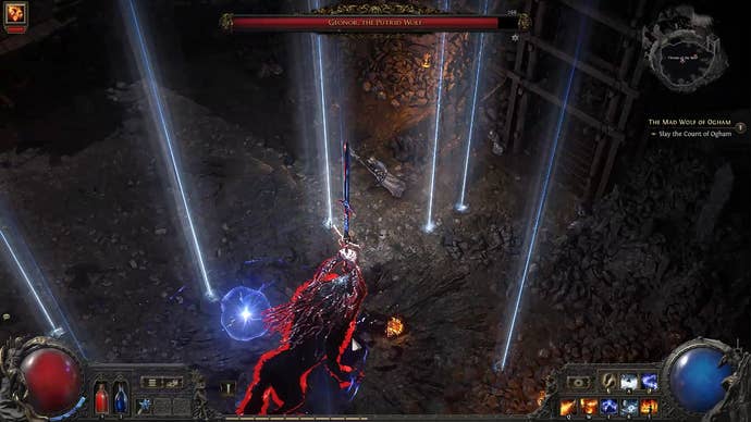 A Path of Exile 2 screenshot showing Count Geanor ice beams attack