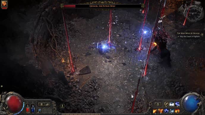 A Path of Exile 2 screenshot showing Count Geanor red beams attack