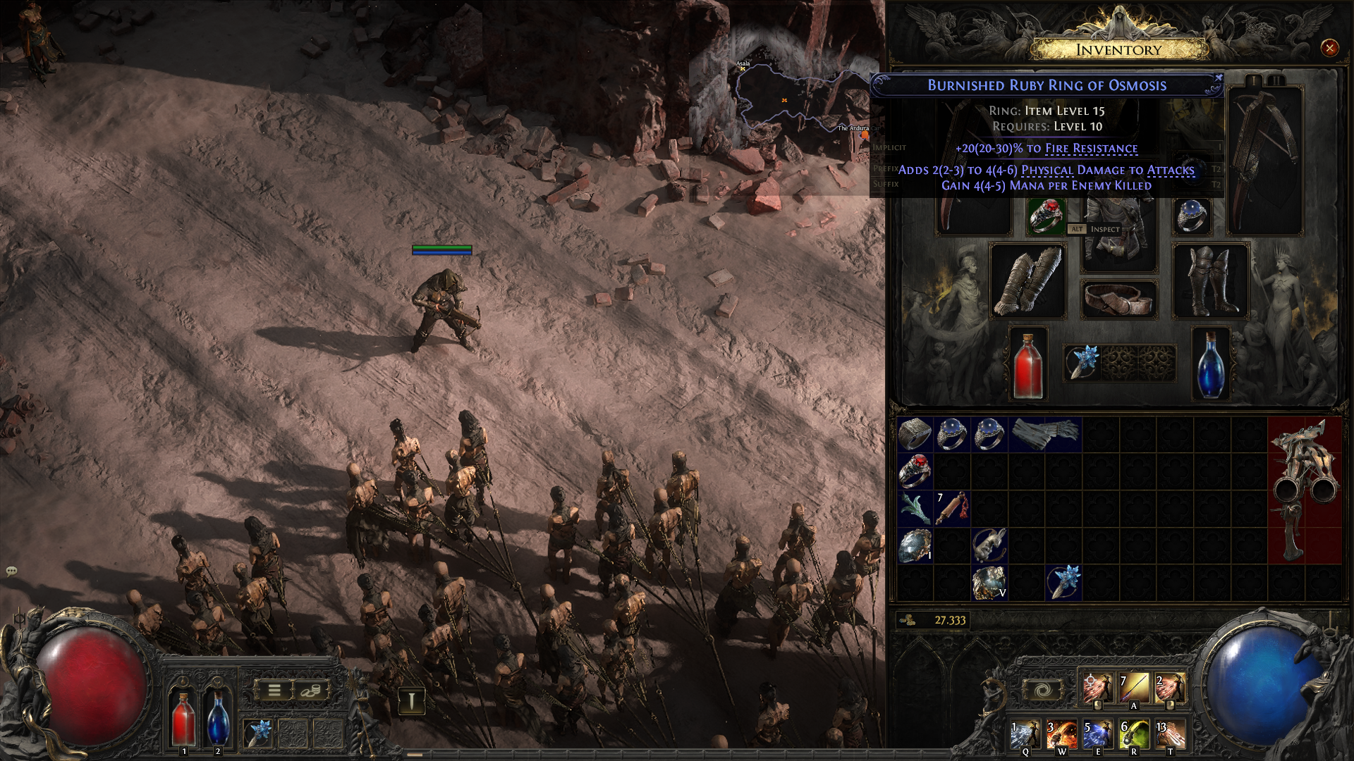 A Path of Exile 2 screenshot showing the Burnished Ruby Ring of Osmosis