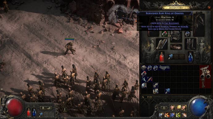 A Path of Exile 2 screenshot showing the Burnished Ruby Ring of Osmosis