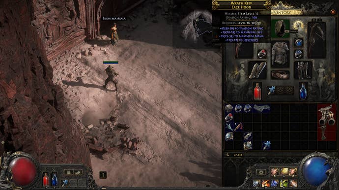 A Path of Exile 2 screenshot showing the Wrath Keep Lace Hood, a piece of equipment used by the Mercenary