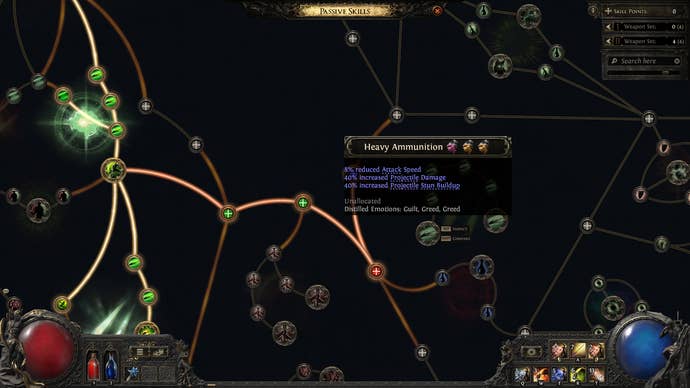 A Path of Exile 2 screenshot showing the Heavy Ammunition passive skill