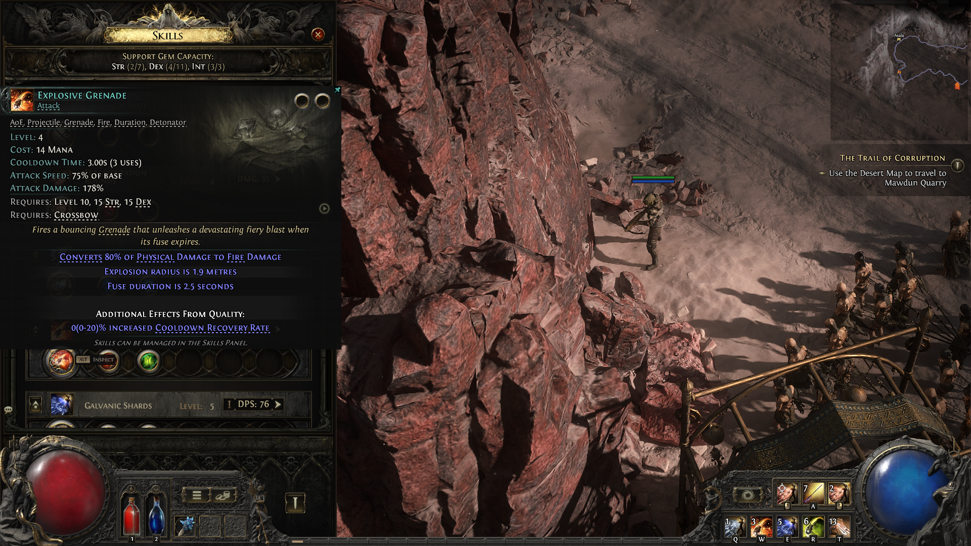 A Path of Exile 2 screenshot showing the description of the Explosive Grenade skill