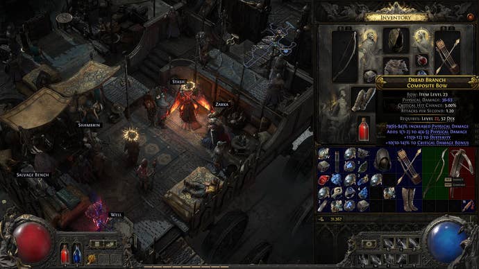 A Path of Exile 2 screenshot showing the Dread Branch Composite Bow