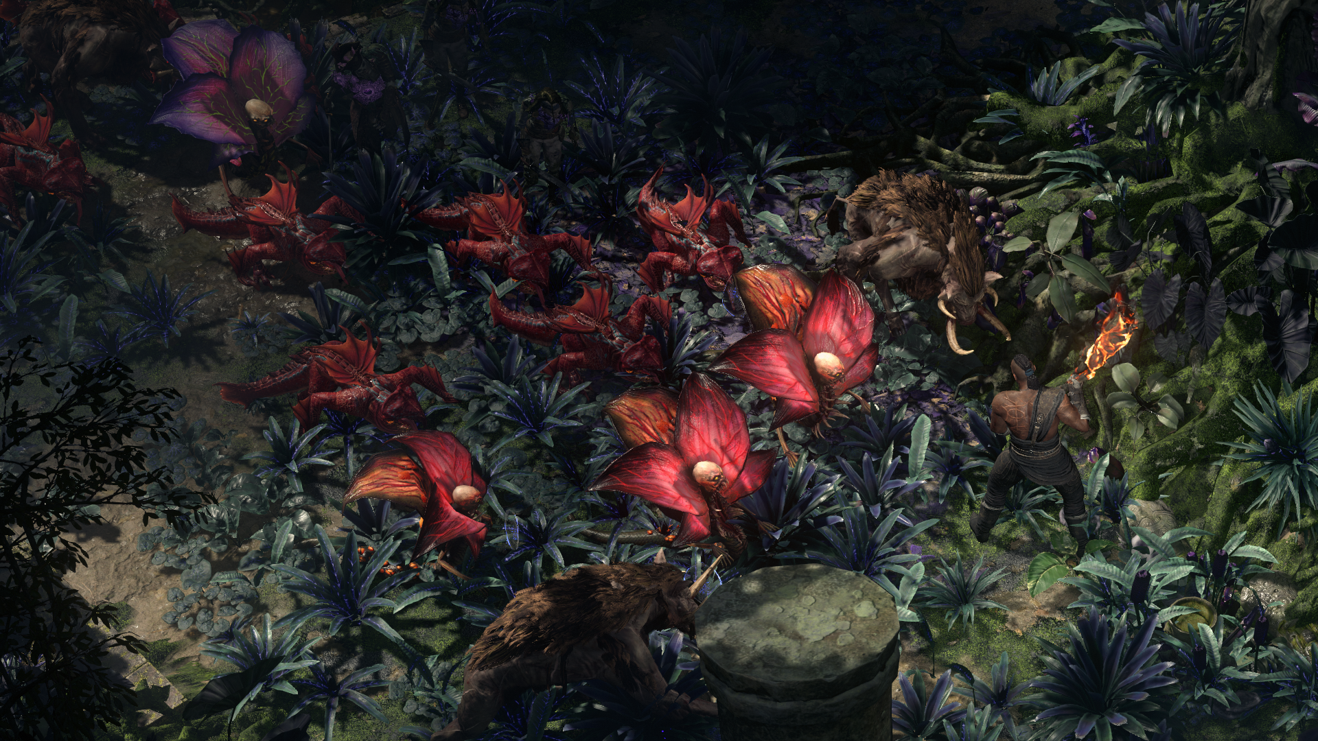 An official Path of Exile 2 screenshot showing a monk surrounded by enemies in a forest