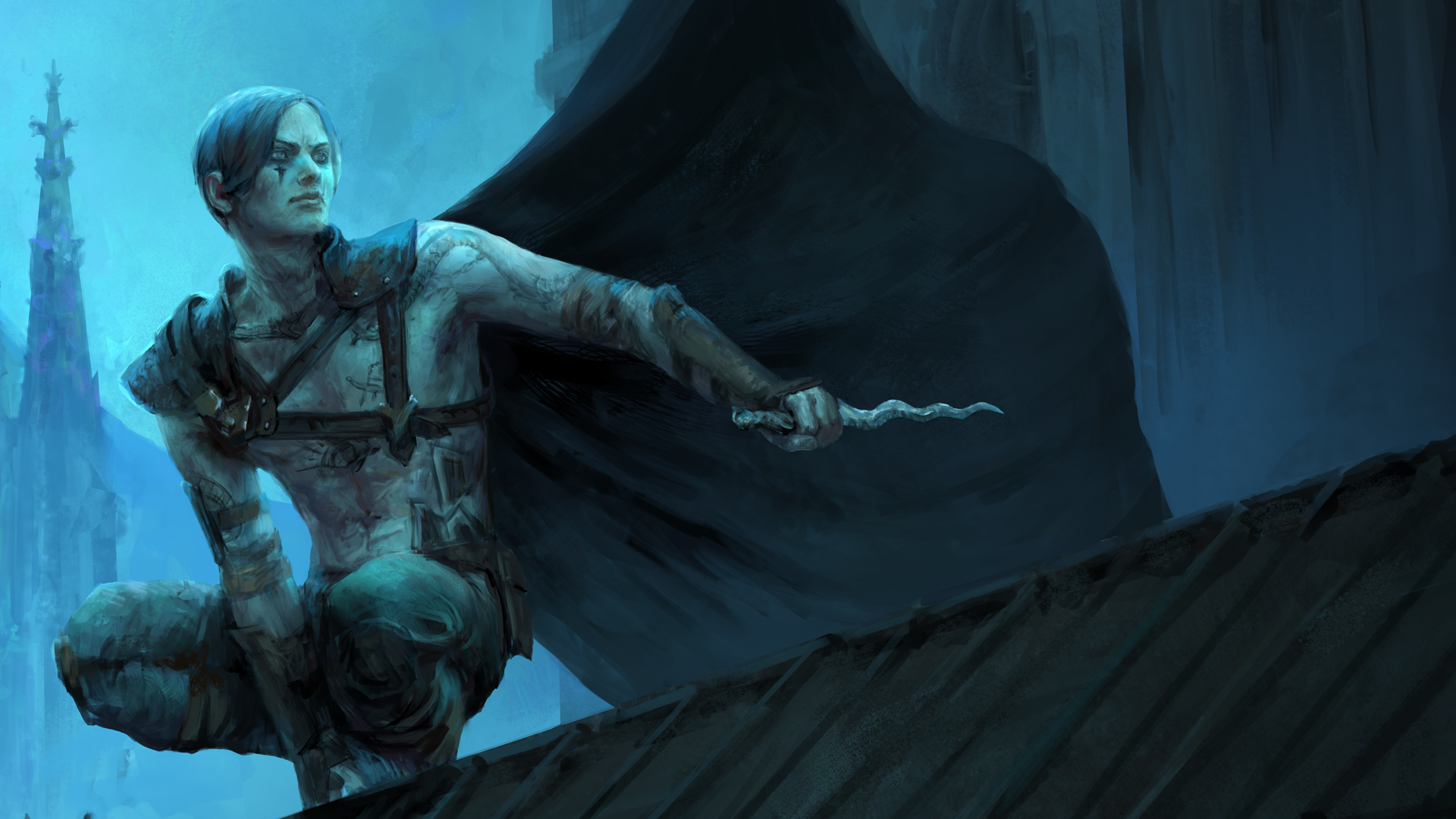 An official Path of Exile 2 illustration showing a mysterious characters at the top of a building