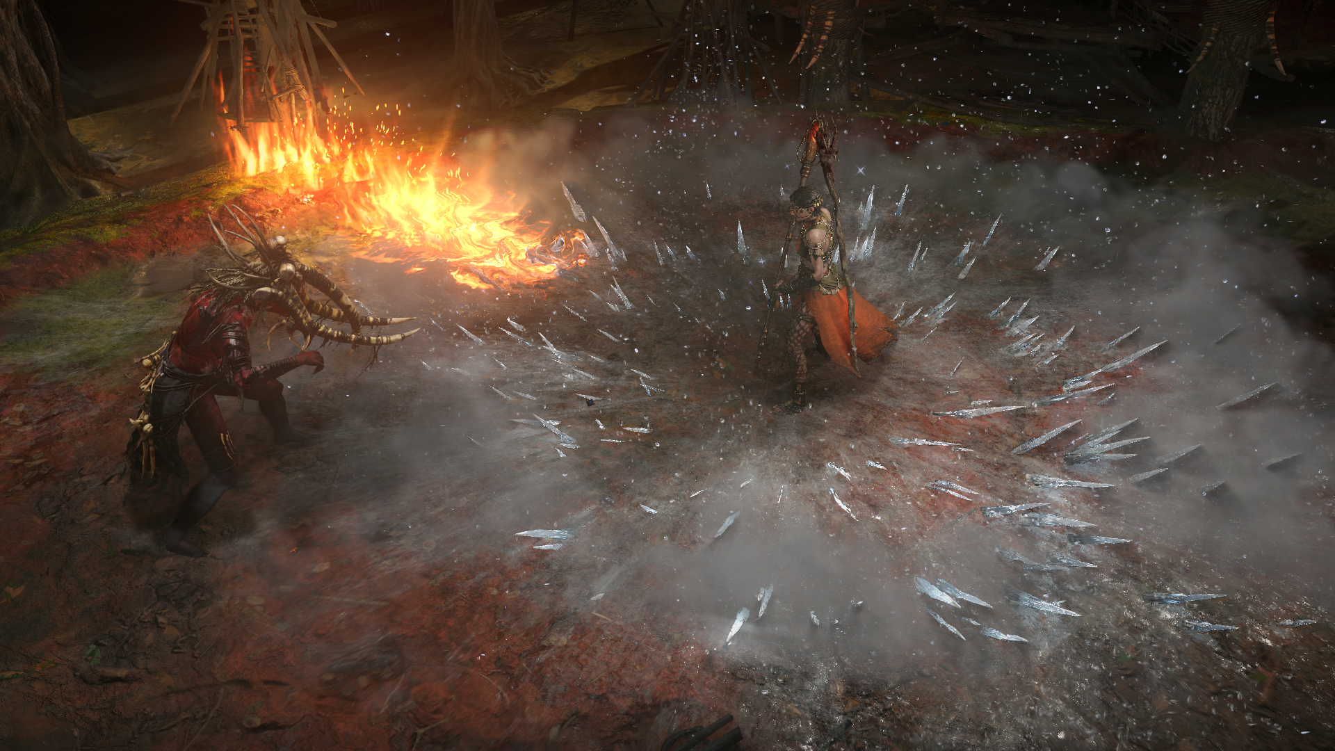 An official screenshot from Path of Exile 2 showing a Sorceress conjuring ice magic