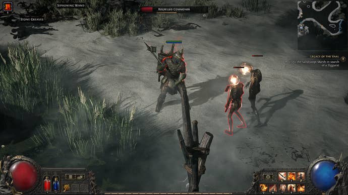 A Path of Exile 2 screenshot showing a Warrior fighting two zombies