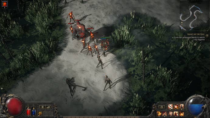 A Path of Exile 2 screenshot showing enemies affected by the Warrior’s Warcry skill