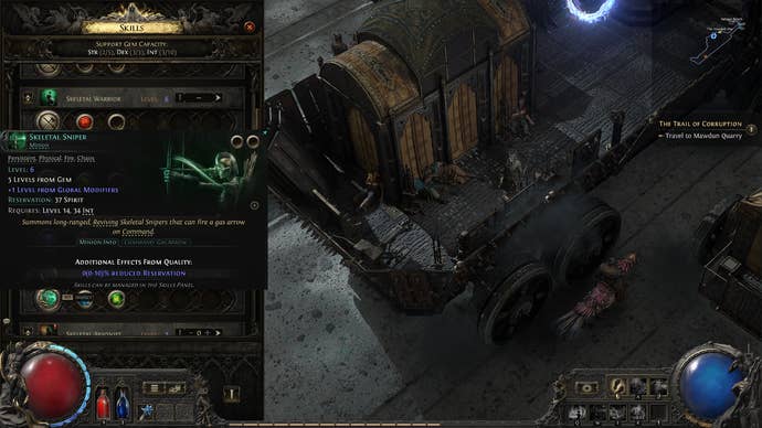 A Path of Exile 2 screenshot showing the Skeletal Sniper skill