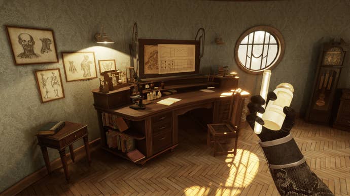 The player holds a vial in the Bachelor’s study in Pathologic 3.