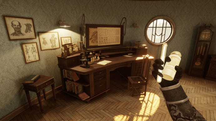 The player holds a vial in the Bachelor’s study in Pathologic 3.