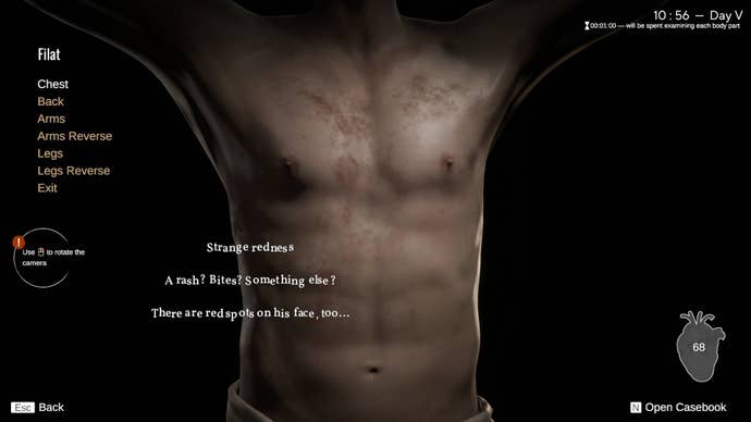 The player examines the chest of a patient, encountering red marks.