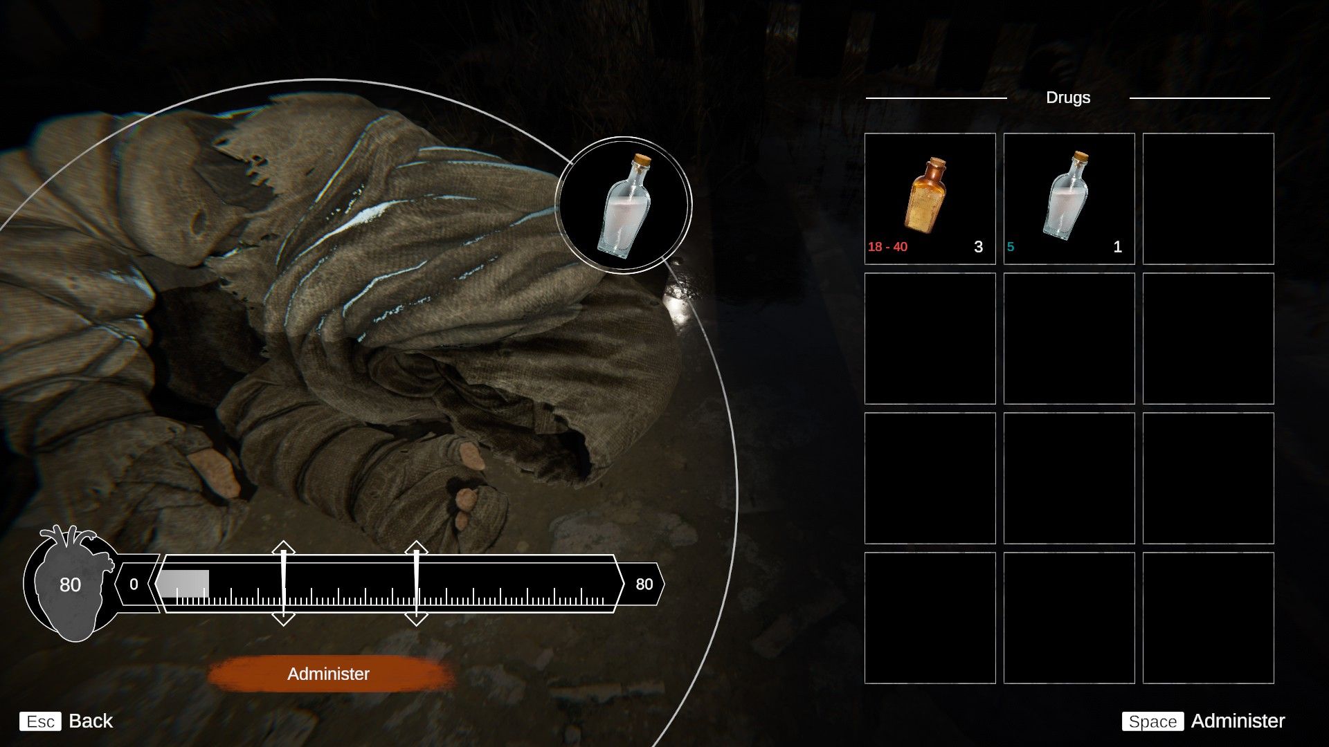 A dying patient lies on the ground as the menu allows the player to administer morphine. - 13