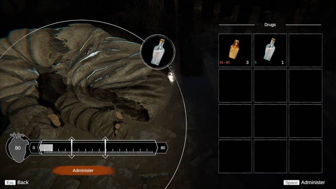 A dying patient lies on the ground as the menu allows the player to administer morphine.