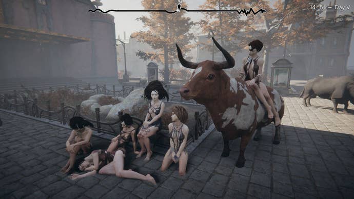 Six Steppe women wait outside the makeshift hospital, one of them riding a bull.