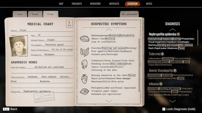 The casebook allows the player to make notes of various symptoms such as fever or vomiting.
