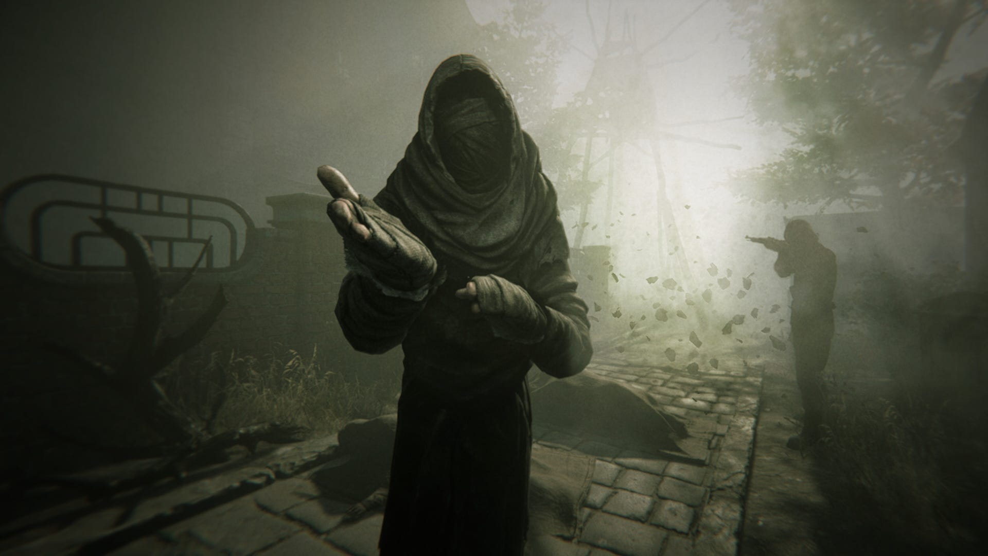 A idiosyncratic aiming a weapon astatine a mysterious hooded fig successful Pathologic 3.