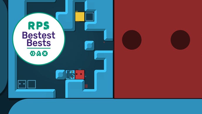 A red cube with eyes looks over to a smaller with smaller cubes inside it in Patrick's Parabox. RPS' bestest best badge is in the top left corner.