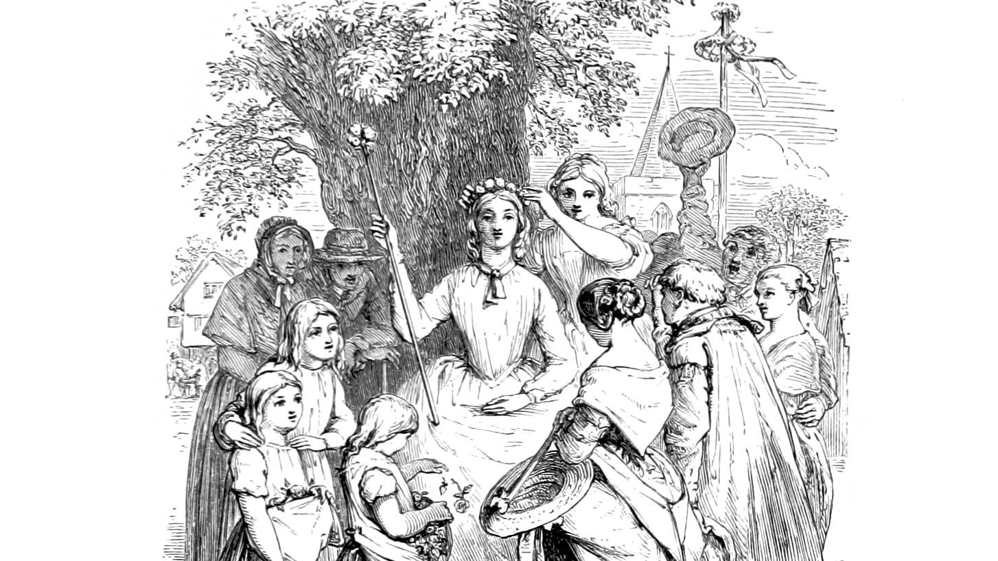 Crowning the May Queen in an illustration from &lsquo;Poems&rsquo;.
