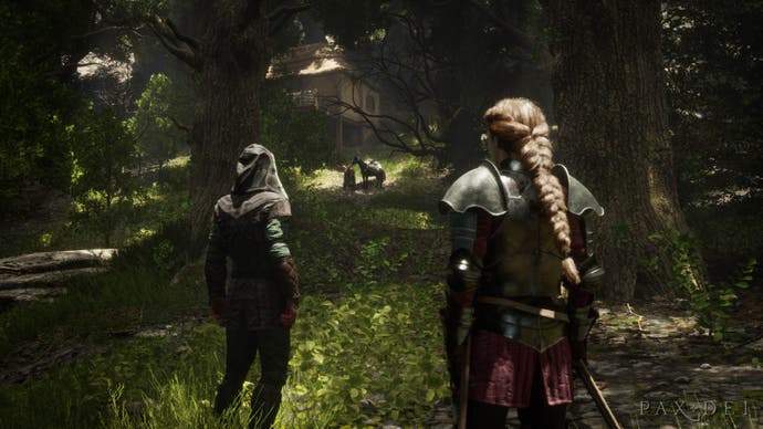 An armoured character with long plaited hear, and a hooded character in leather armour, stand in a wooded, sun-dappled area, looking at a traveller with a horse.
