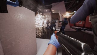 A robber fires an AK47 at a police officer in Payday 3.