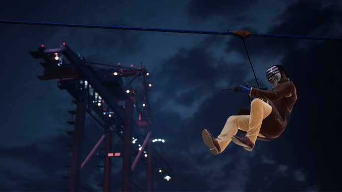 A masked robber ziplines past a crane in Payday 3.