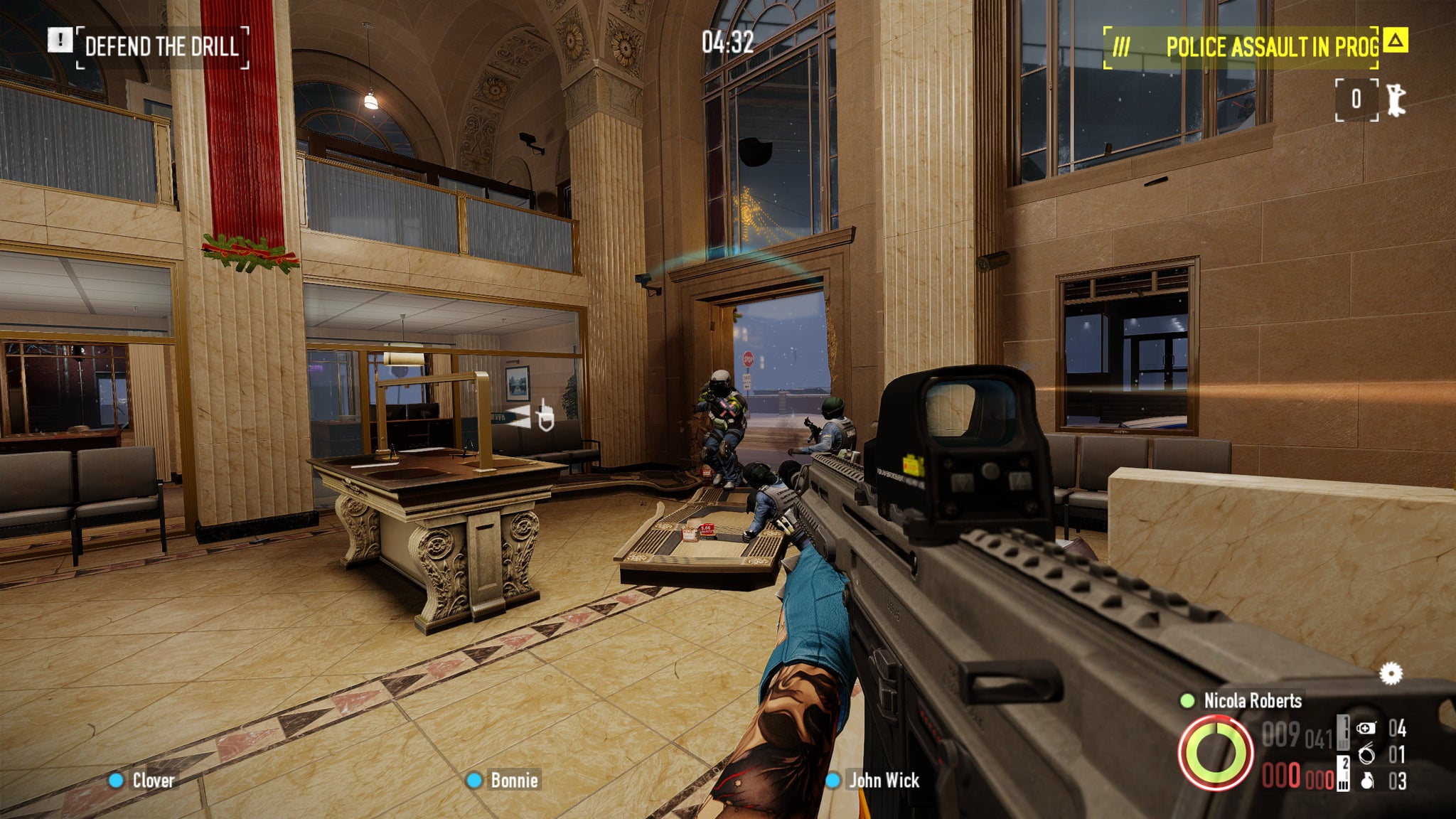 The player fires on a guard inside a bank in Payday 2 - 11