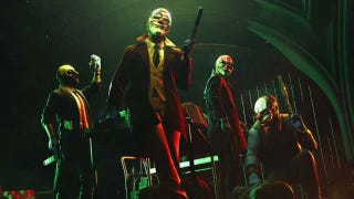 A promotional image for Payday 3 showing its four clown-masked protagonists posing together with their weapons drawn.