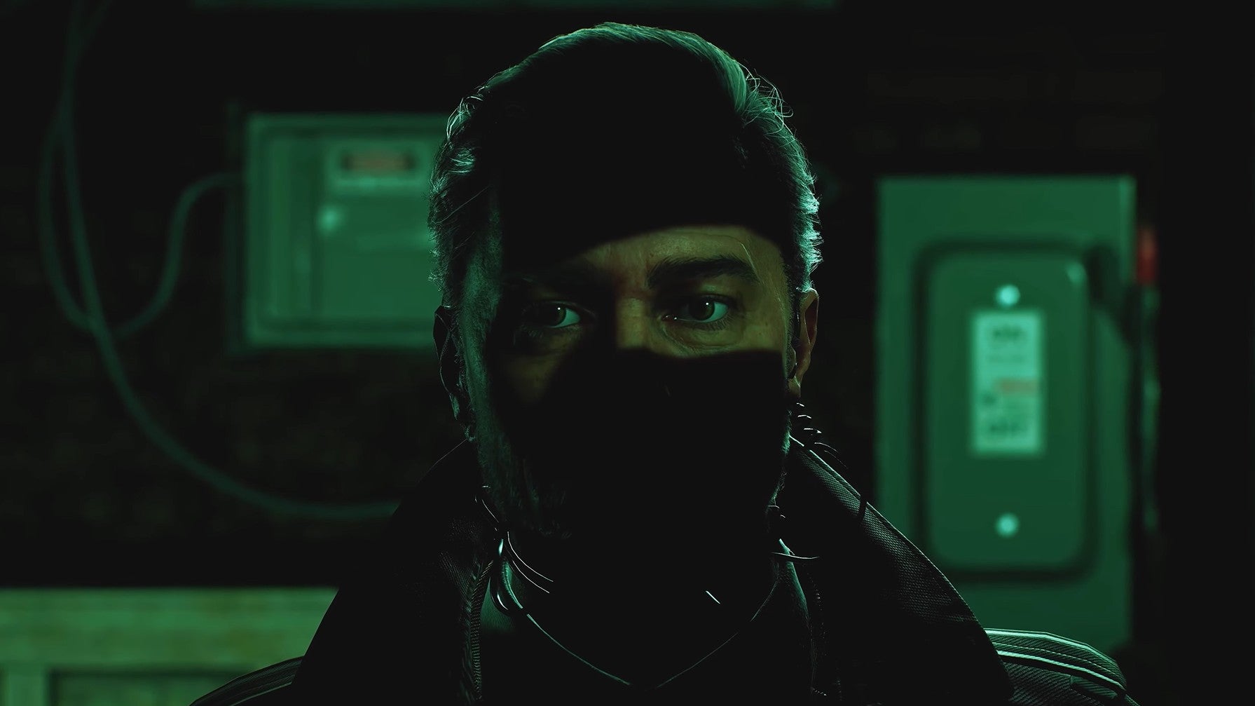 screenshot from Payday 3 reveal trailer showing a man shrouded in shadows as he plans a heist.
