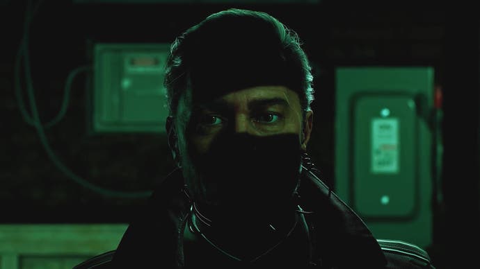 screenshot from Payday 3 reveal trailer showing a man shrouded in shadows as he plans a heist.