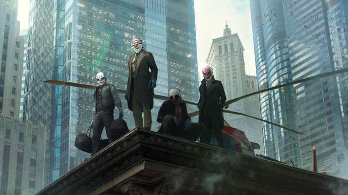 Payday 3 key art showing a group of criminals wearing clown masks on the roof of a building, skyscrapers looming behind them.