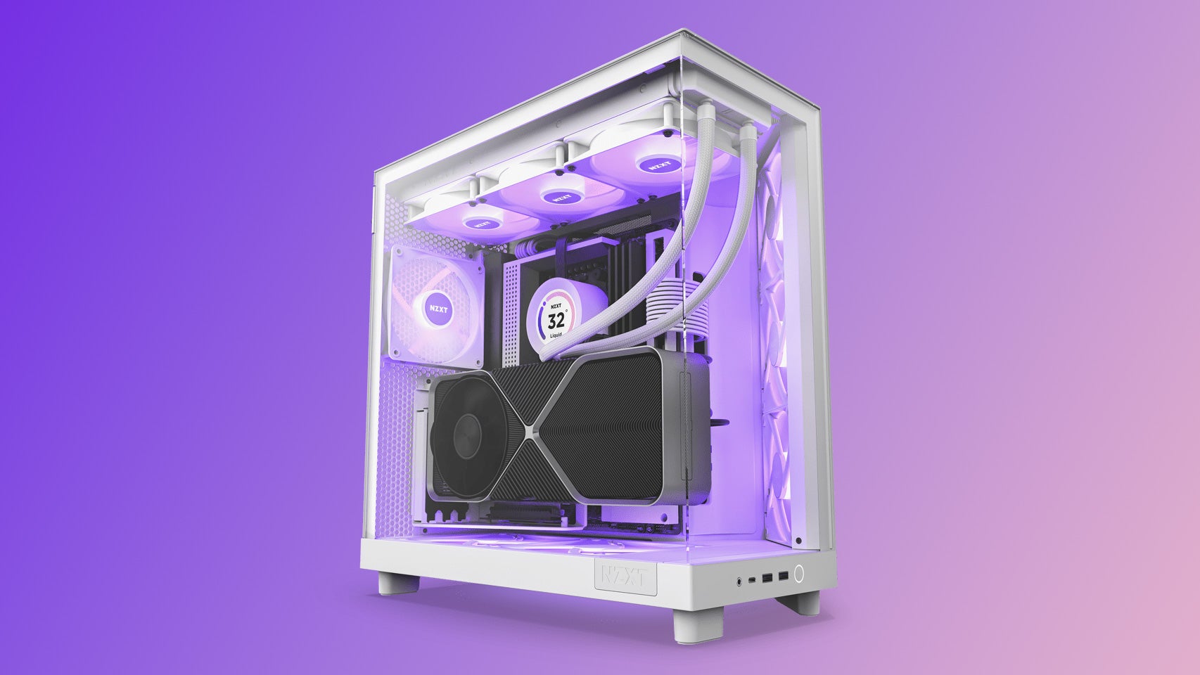 nzxt h6 flow with a purple background, with pc components inside