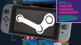 A Nintendo Switch with a Steam logo on the screen, in front of a blurry Steam home page, and The PC Gaming Weekspot podcast logo is in the top right