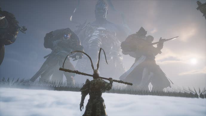 The opening scene in Black Myth Wukong, showing the Monkey King and some gods.