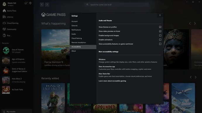 Accessibility filters on Xbox for PC