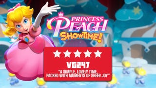 Princess Peach Showtime review header that reads: "“A simple, lovely time, packed with whimsy and moments of sheer joy” - 5 stars.