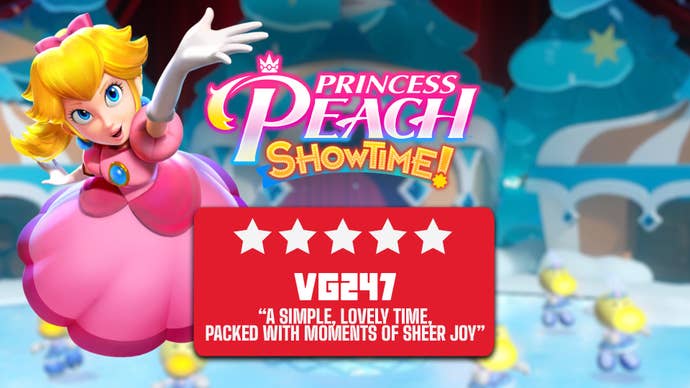 Princess Peach Showtime review header that reads: ““A simple, lovely time, packed with whimsy and moments of sheer joy” - 5 stars.
