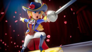 Princess Peach dressed as a swordfighter posing with a rapier