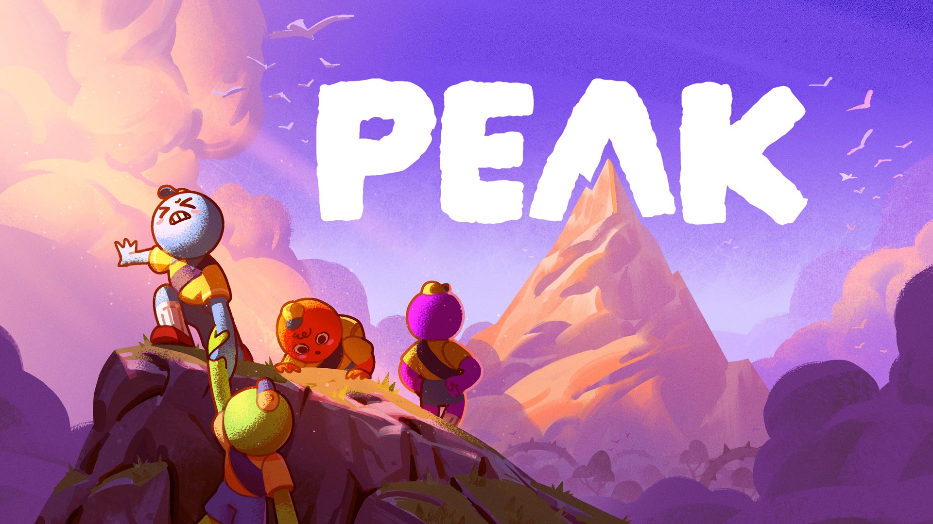 Key art for Peak showing four colourful cartoon characters helping each other climb a mountain. - 1