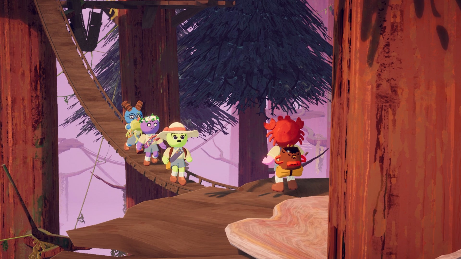 A group of cute characters wearing silly outfits are crossing a narrow wooden bridge that's attached to two massive trees in Peak. - 1